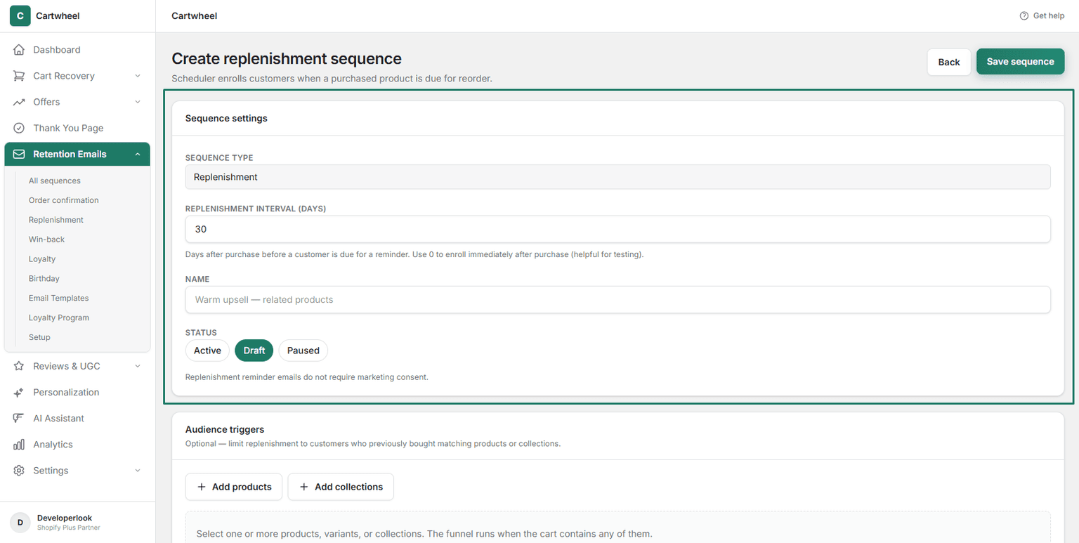 Replenishment sequence settings panel showing replenishment days interval and operational status in Cartwheel Admin