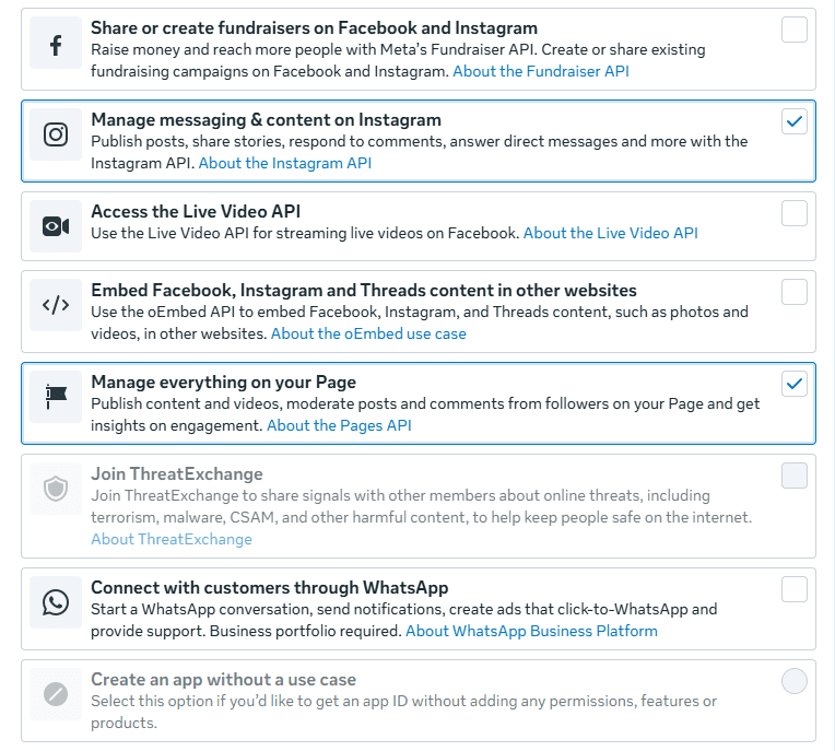 Selecting Manage messaging & content on Instagram and Manage everything on your Page use cases in Meta App creation