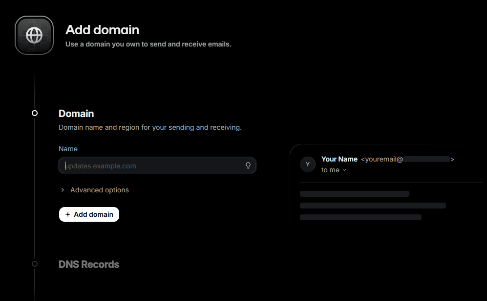 DNS record configuration table in Resend showing DKIM and SPF records for domain verification