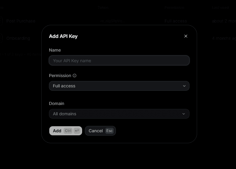 Create API Key modal with Name and Full Access permission configuration