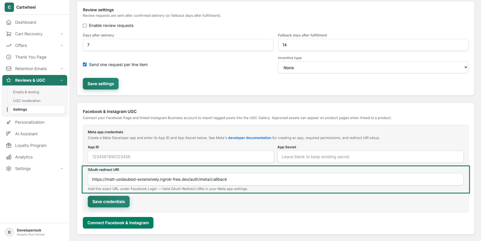 OAuth redirect URI displayed in Cartwheel Admin under Reviews & UGC settings