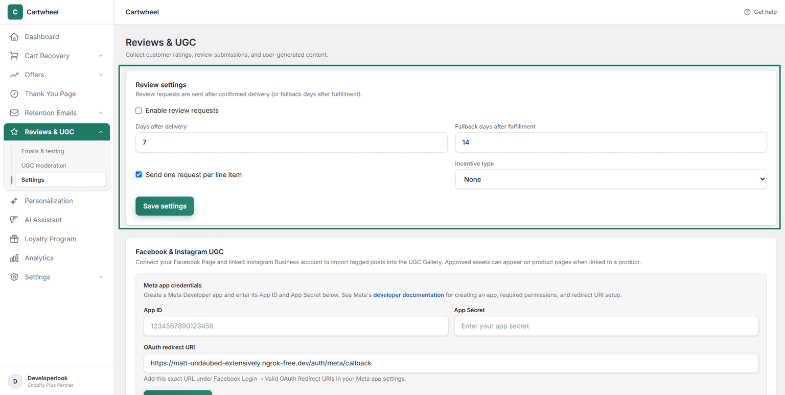 Automated delivery schedule settings card in Cartwheel Admin with delivery delay, fallback days, and line item toggles