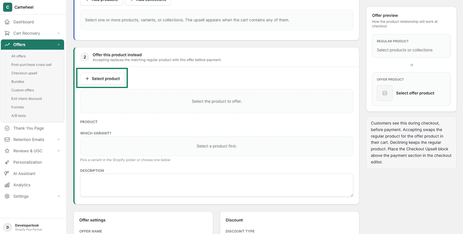 Selecting the offer product to present as a checkout upsell