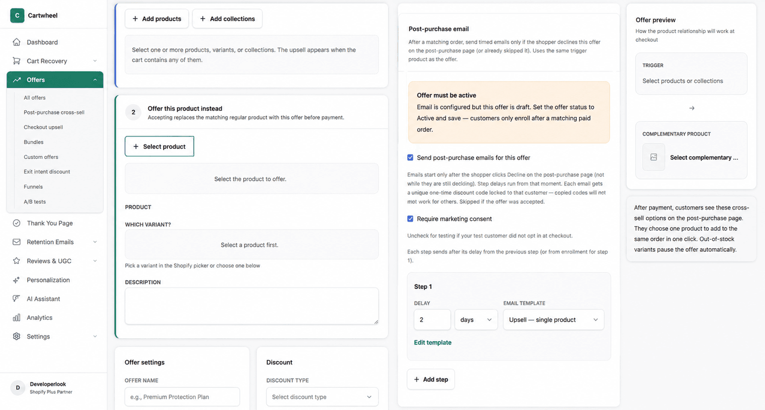 Selecting offer product and configuring post-purchase decline email sequence