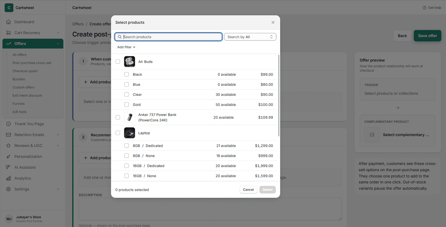 Product selection modal listing store items for trigger selection