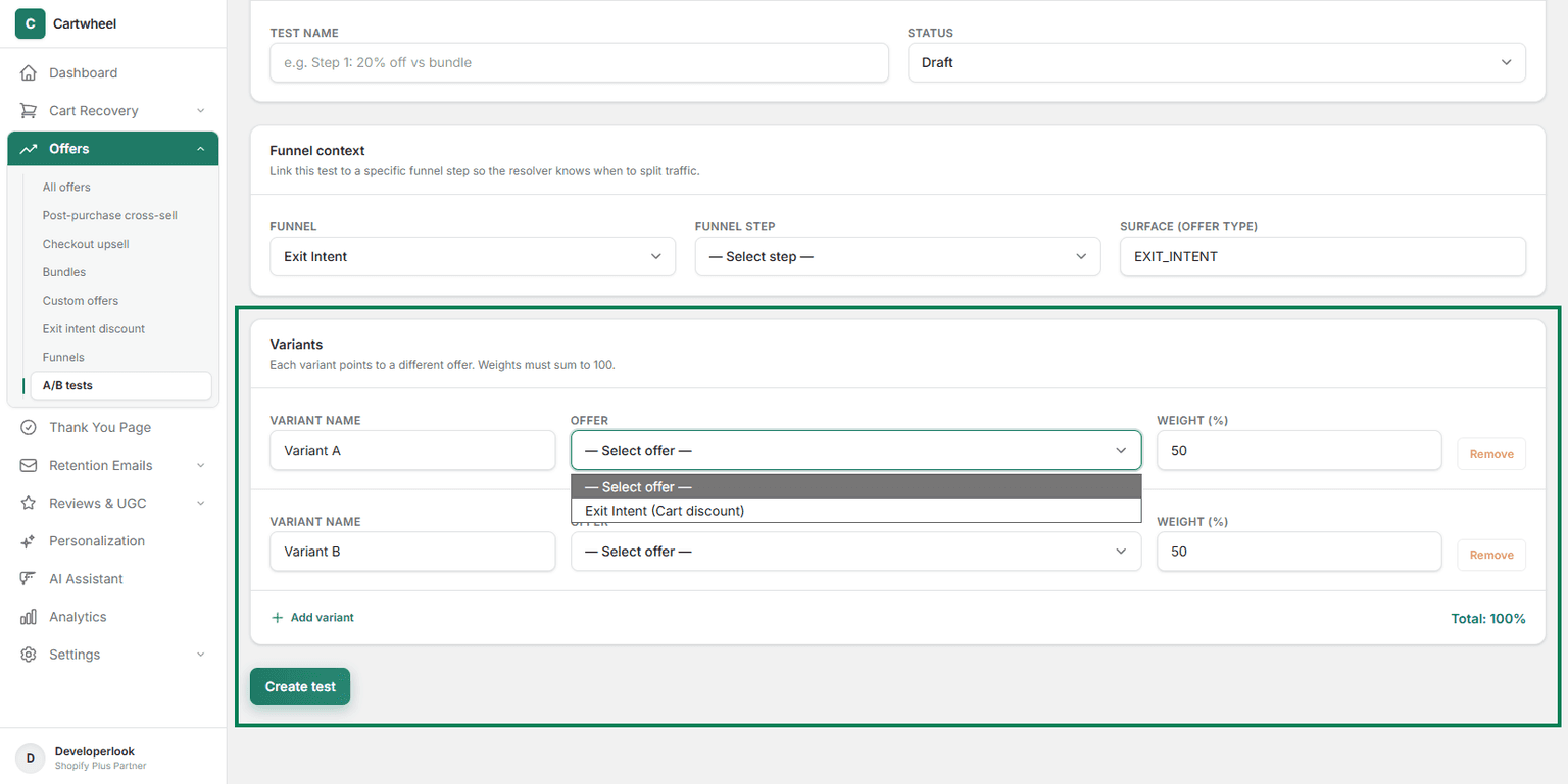 A/B test funnel or offer selection page