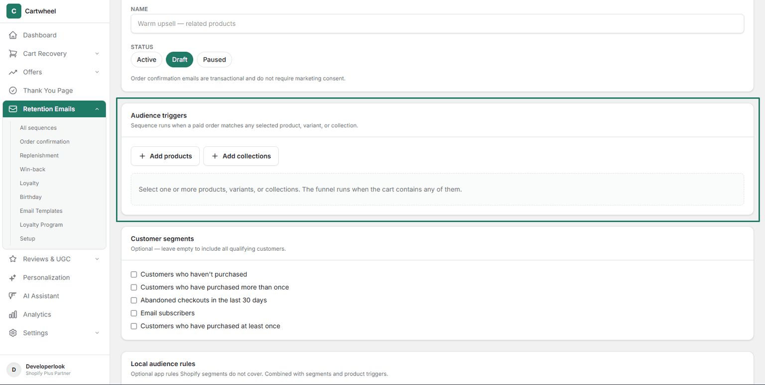 Win-back audience trigger conditions based on past purchased products and collections in Cartwheel Admin