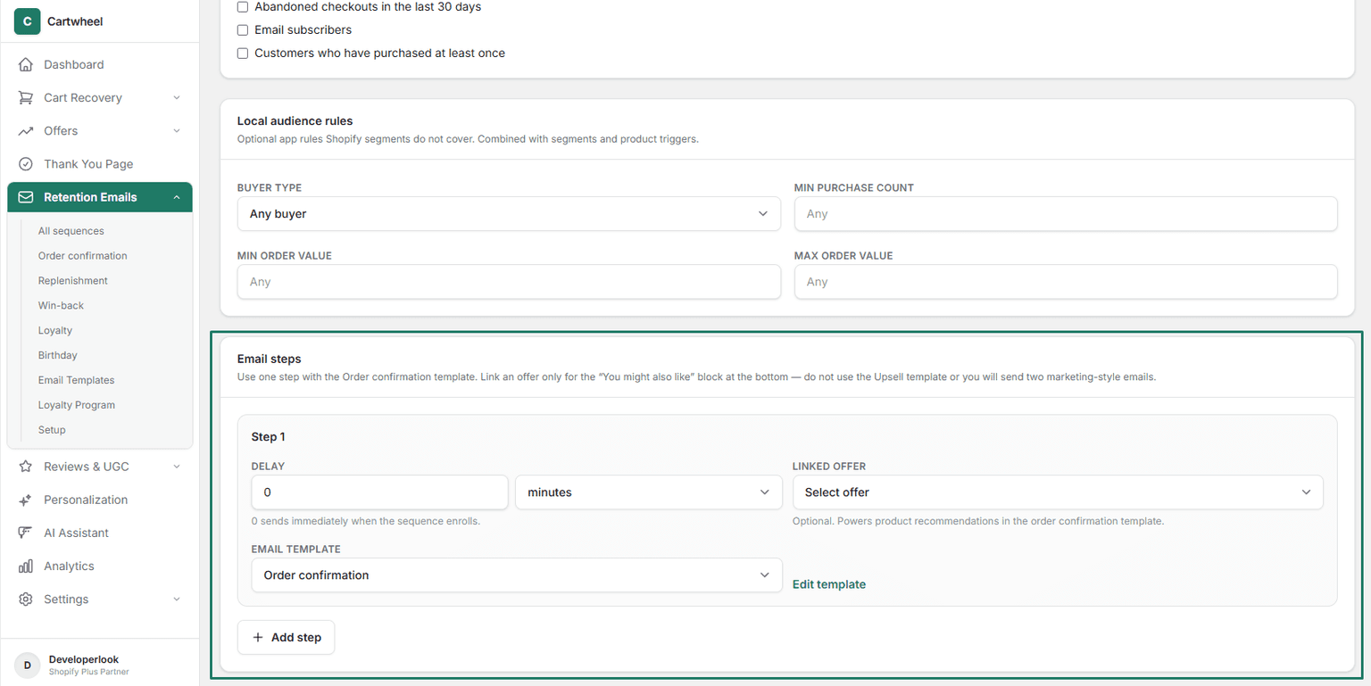 Order confirmation email step sequence builder showing delay intervals and template selection