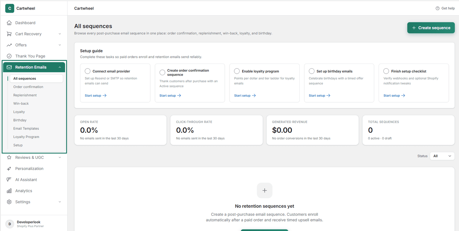 Retention sequences navigation menu showing filters for order confirmation, replenishment, win-back, and loyalty campaigns