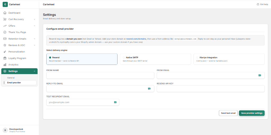 Configure Email Provider panel with delivery engine options (Resend, Native SMTP, Klaviyo Integration), sender credentials, and test simulator