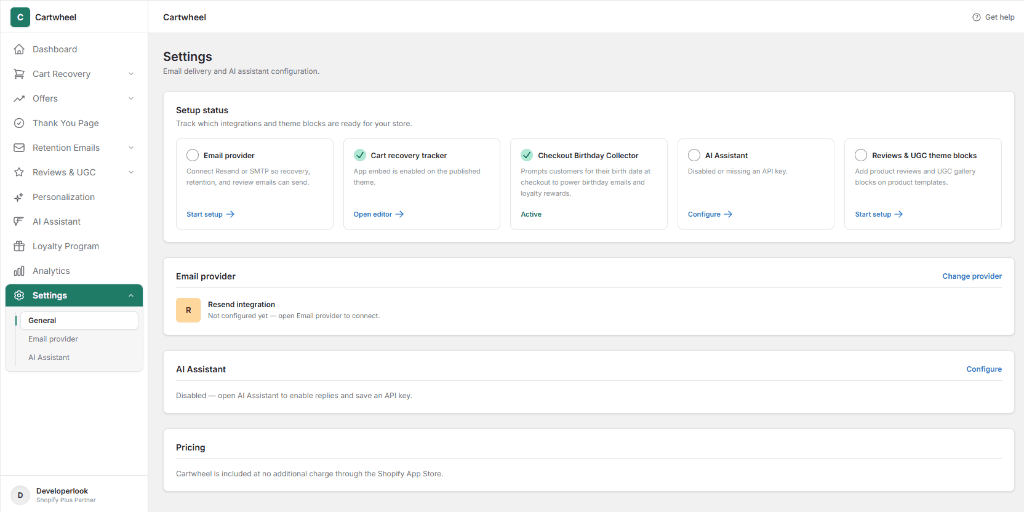 Cartwheel Settings General dashboard showing Setup status diagnostics cards, active Email provider overview, and Pricing information