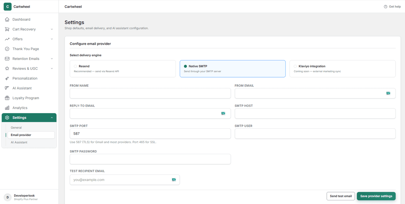 Email provider settings panel in Cartwheel Admin showing Native SMTP delivery engine configuration, sender credentials, and test email verification