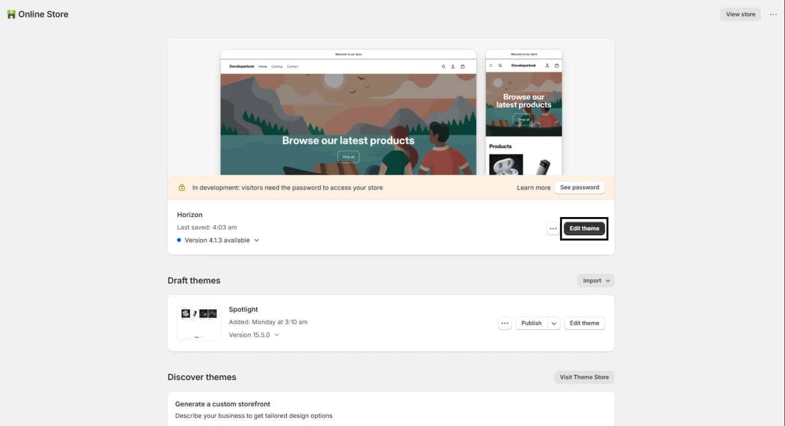 Navigating to Online Store Theme Customization in Shopify Admin