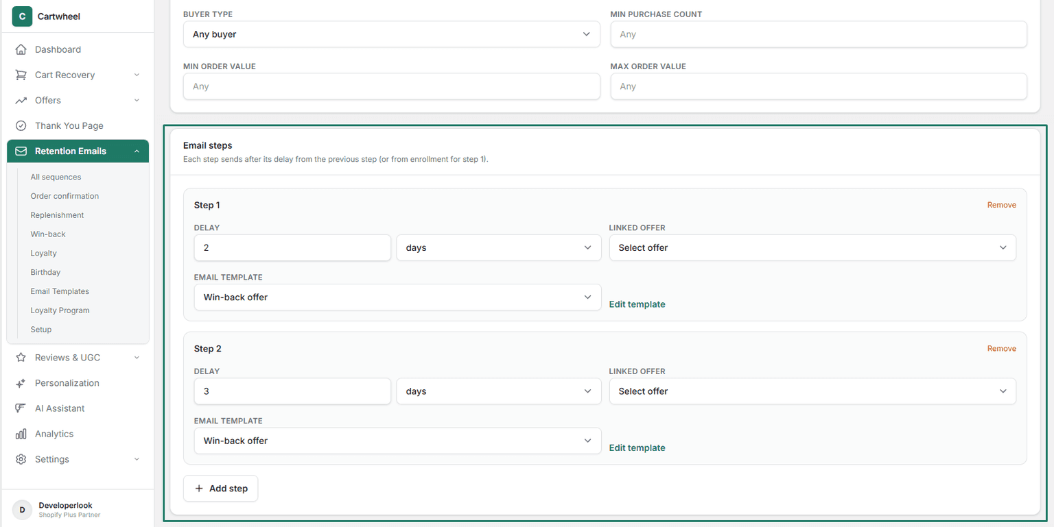 Multi-step win-back email sequence builder with timeline delays and discount offers in Cartwheel Admin