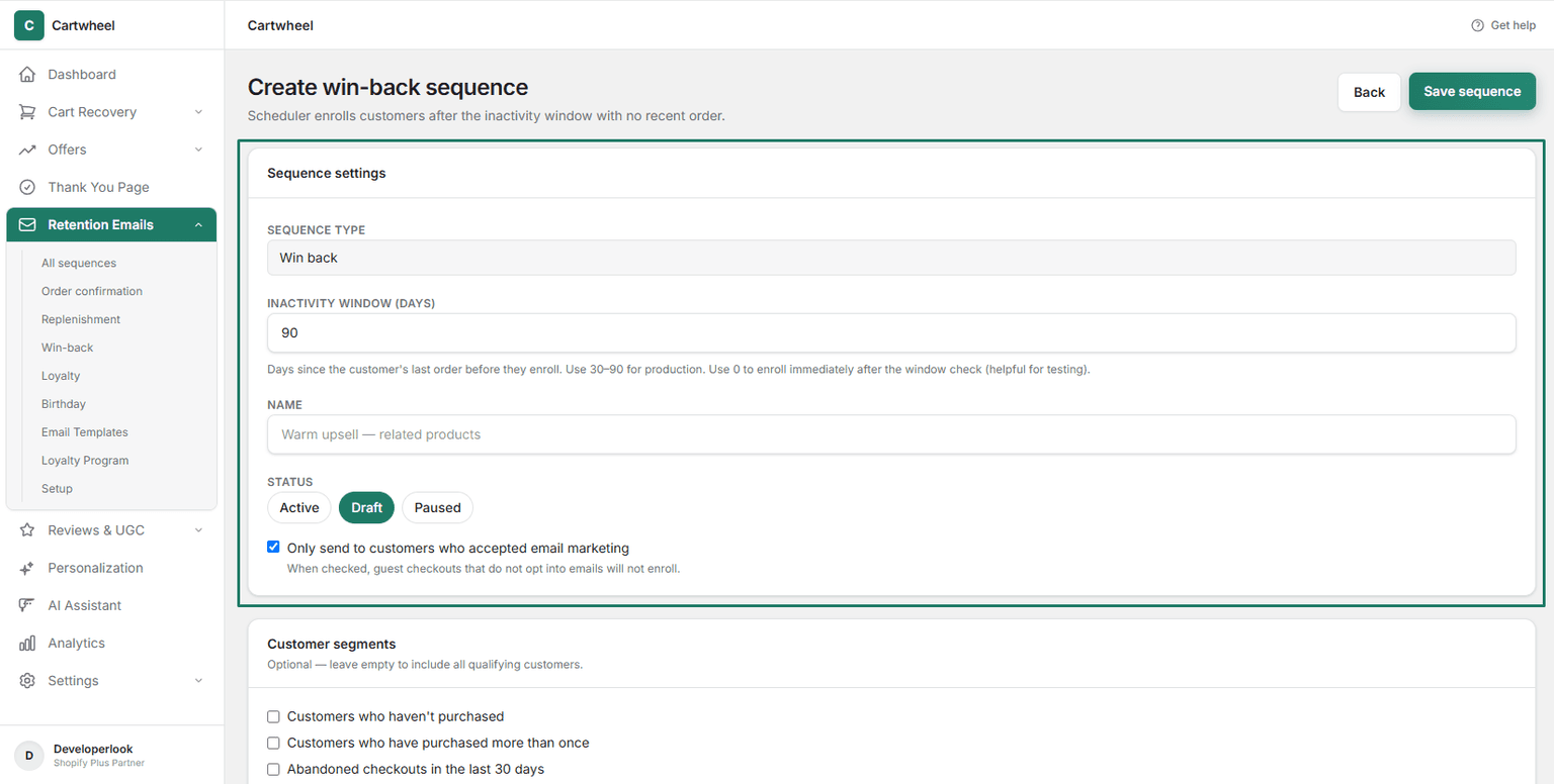 Win-back sequence settings panel showing inactivity threshold in days and active status in Cartwheel Admin