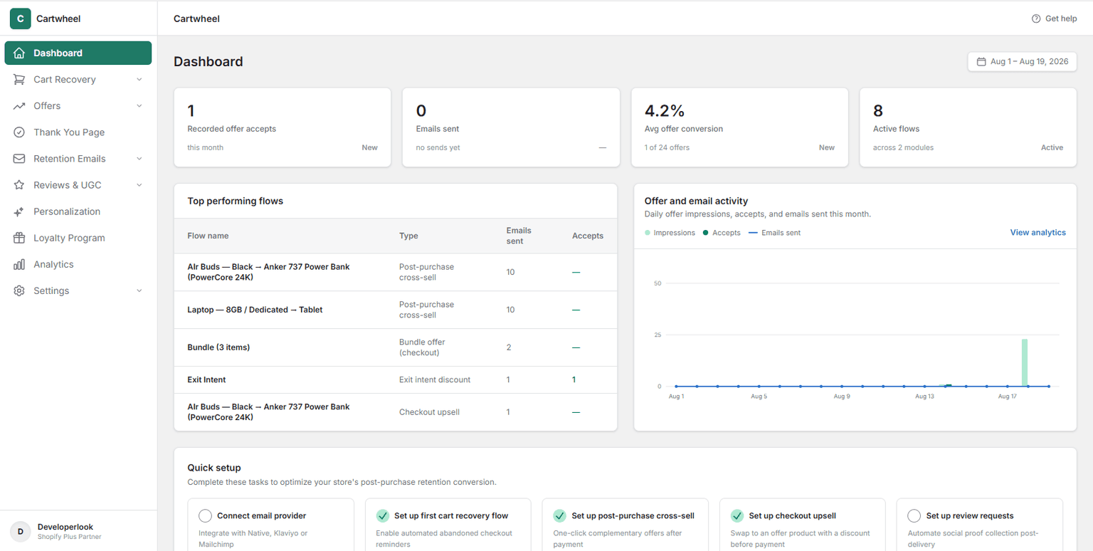 Cartwheel post-purchase revenue suite overview with checkout and upsell widgets preview