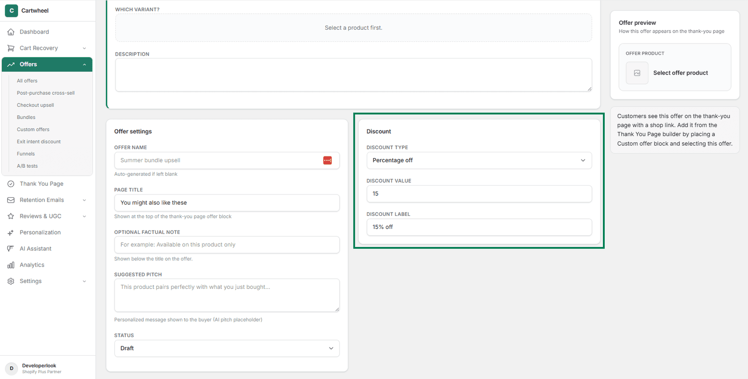 Discount settings for thank you page offers