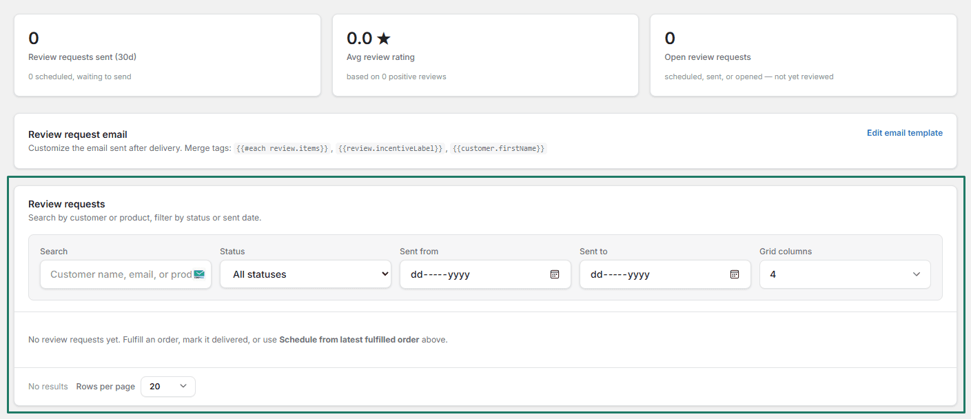 Review request email delivery tracking table
