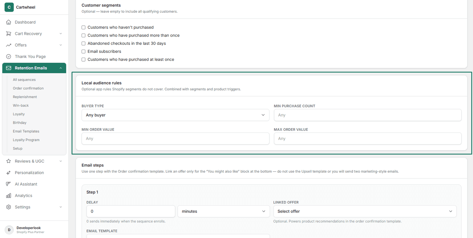 Local audience filters for cart value and buyer type