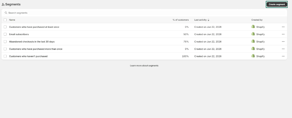 Synchronized Shopify customer segments list