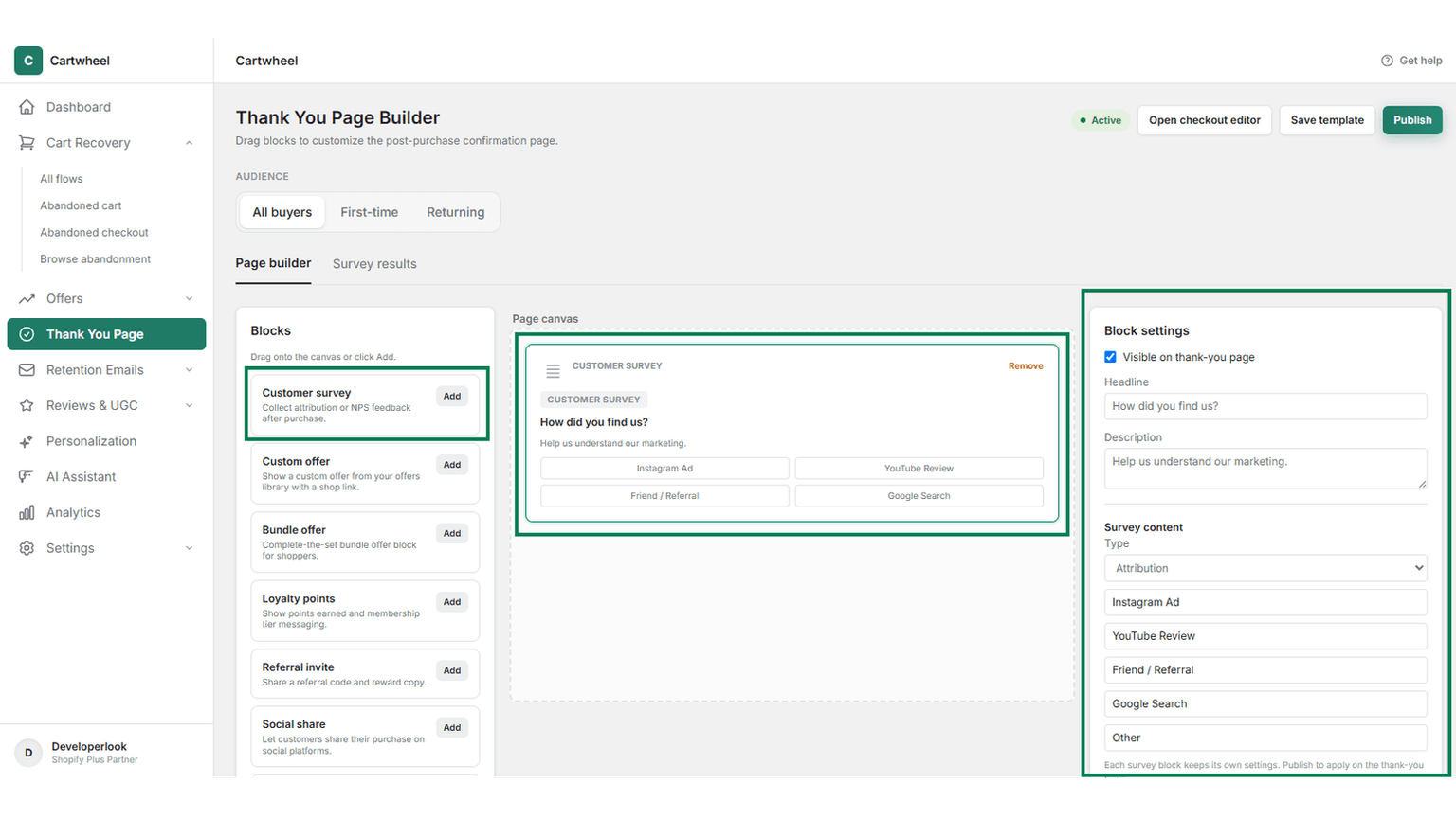 Thank-you page builder block management overview